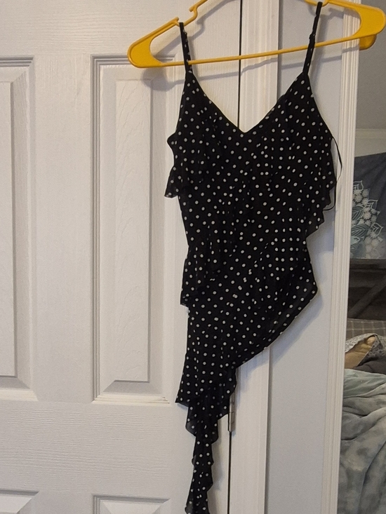 Thirty Thirty Tops - Black Polka Dot Ruffle Asymmetric Tank Top